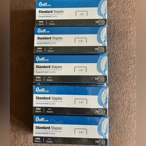 Five boxes of 1/4 inch staples. 5000 staples per box. Standard size staples. New